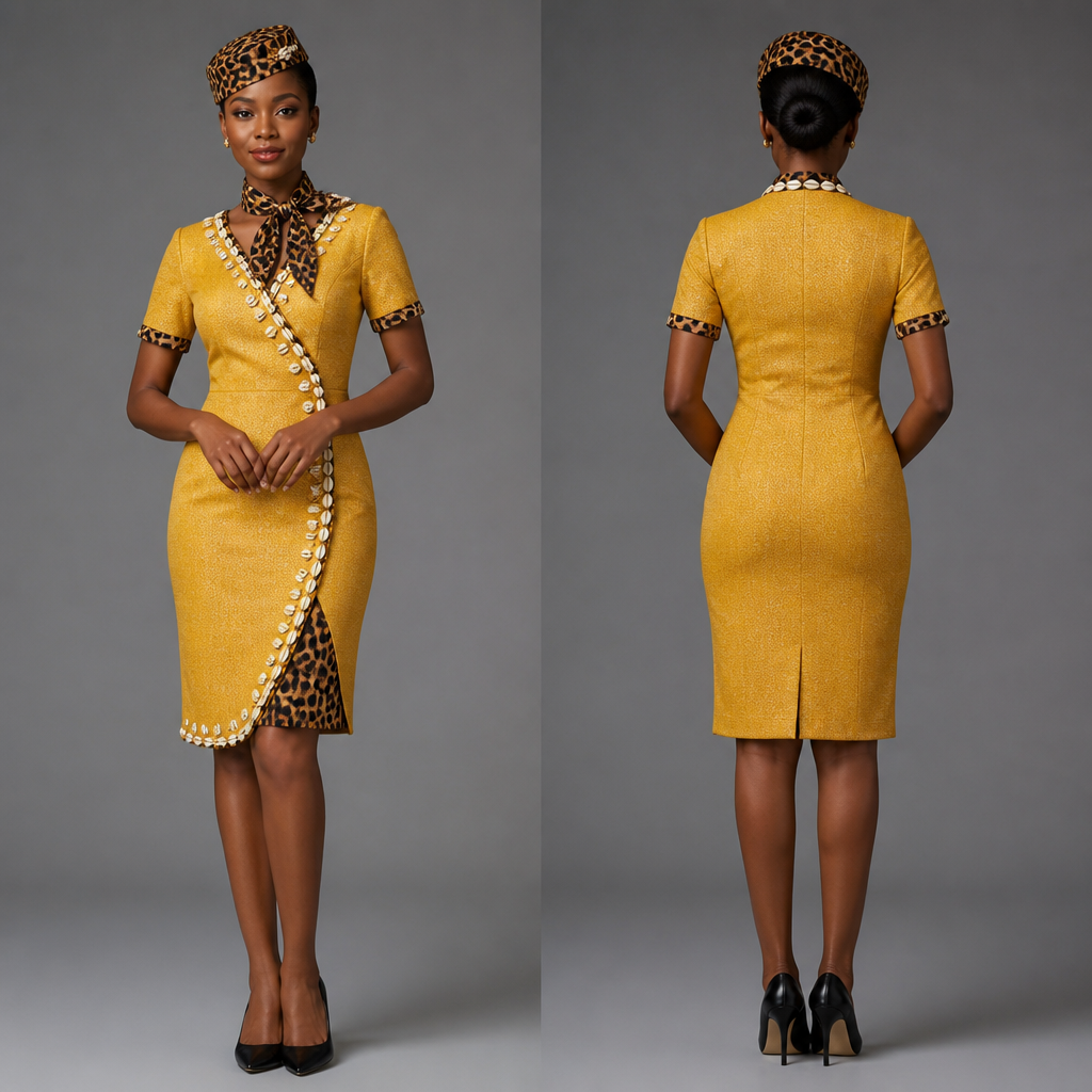 Robe hôtesse tissue jaune or avec cauris Et un chapeau style hôtesse e l’air motif panthere noir marron et un petit foulard motif panthere au cou
photorealistic fashion design, Robe hôtesse tissue jaune or avec cauris Et un chapeau style hôtesse e l’air motif panthere noir marron et un petit foulard motif panthere au cou, business style, just the design no text, show front and back