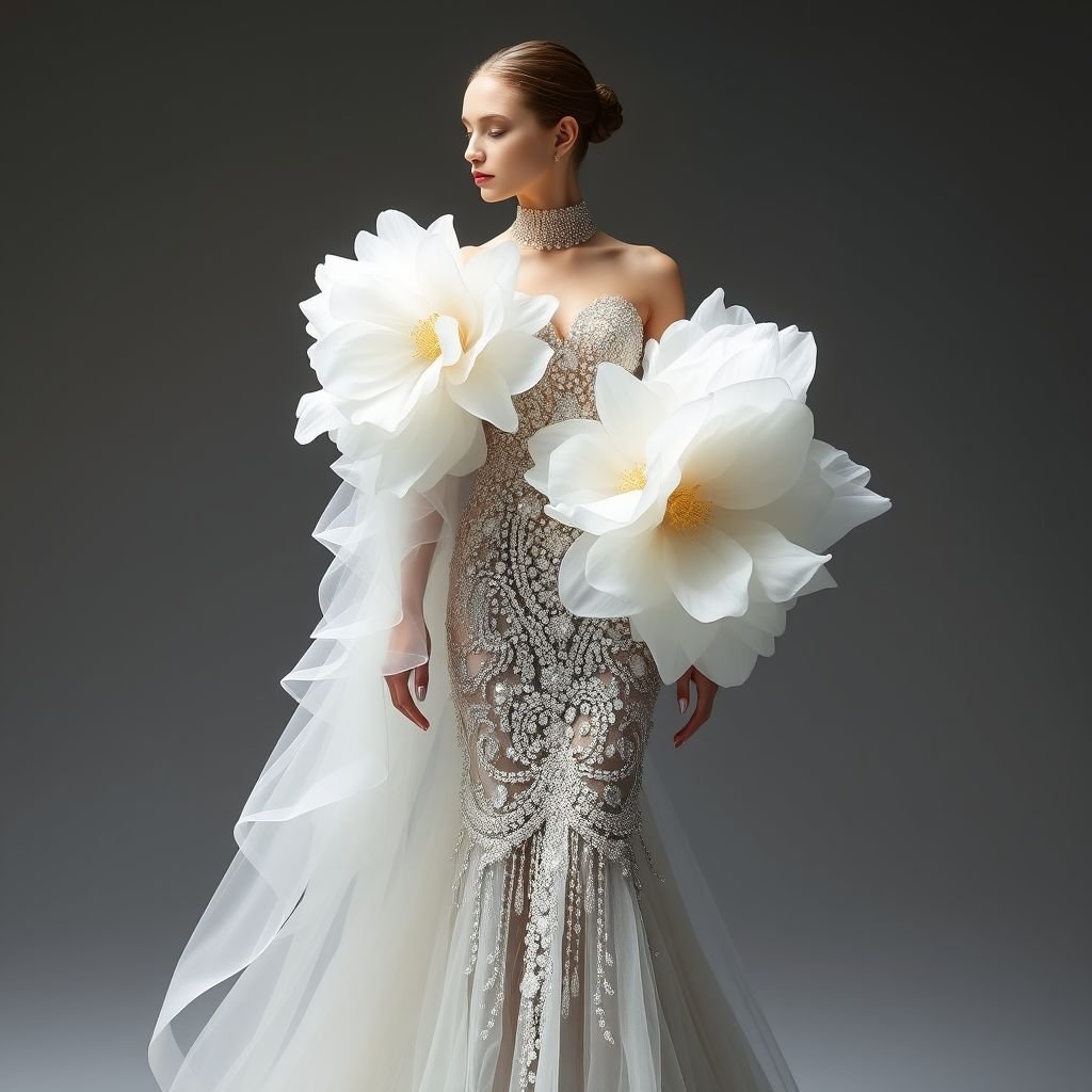 Create a dress with a sleeve that is floor length and with organza flowers, large organza, flowers, floating all the way to the floor on the sleeves, make it very angelic, but yet with the touch of sexy and cover the front of the dress with crystals. Make flower sleeve go all the way to the floor, make it white and attach the large flowers to one floor length sleeve
Design an ethereal haute couture gown featuring a dramatic floor-length sleeve adorned with cascading, oversized white organza flowers. The sleeve floats gracefully, evoking an angelic silhouette. The front of the dress is intricately covered in sparkling crystals, juxtaposing allure with purity. The overall effect is a mesmerizing blend of whimsy and seduction.