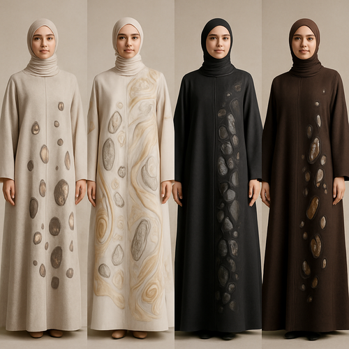 Create a modest boubou, the first of its kind, featuring a unique stone design that exudes a classy and sophisticated vibe. I'd like four designs, each showcasing different styles and fabrics. Incorporate high-end, unique chic stone designs to make them truly special. Add little sophisticated stone designs.