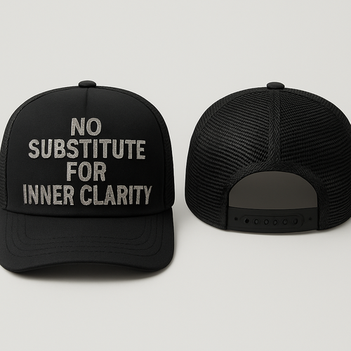 A foam trucker with raised glittery embroidery on the text in black saying no substitute for inner clarity 
