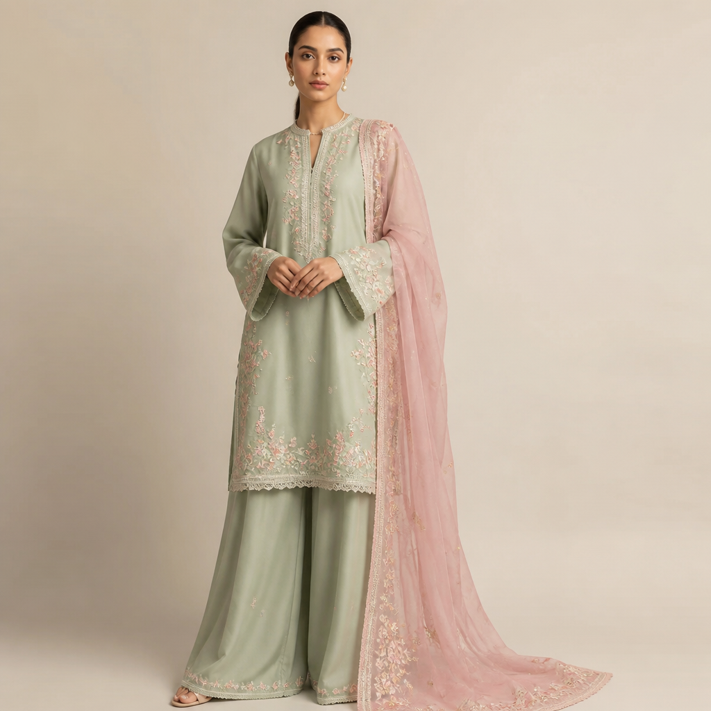 A Female Dress design, suitable for Summer, in Formal style. green colour long shart and green colour plazo and pink colour dupta Pakistani style. United Kingdom fashion aesthetics.
photorealistic fashion design, A Female Dress design, suitable for Summer, in Formal style. green colour long shart and green colour plazo and pink colour dupta Pakistani style. United Kingdom fashion aesthetics., formal style, just the design no text