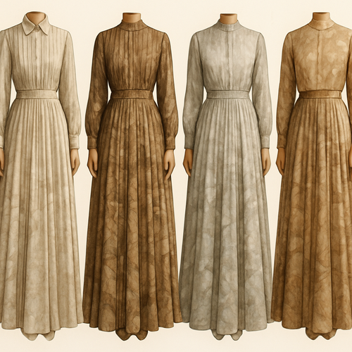 Create a modest two-piece long dress and shirt using symmetric pleat and silk, the first of its kind, featuring a unique stone design that exudes a classy and sophisticated vibe. I'd like four designs, each showcasing different styles and fabrics. Incorporate high-end, unique chic stone designs to make them truly special. Add little sophisticated stone designs.