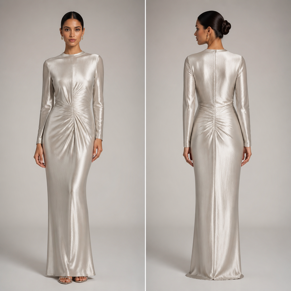 A Female Dress design, made of Silk, with a sleek, smooth finish, with a Bodycon silhouette, with modest, full coverage: longer hemlines, higher necklines and covered shoulders, in a Metallic color palette, for Formal, suitable for Summer, suited to a Temperate climate, in Formal style, shown on a model with medium skin tone and a slim figure Present it as professional fashion catalogue photography: the garment is the subject, shown full-length with editorial styling, neutral posing and tasteful, non-suggestive framing.
photorealistic fashion design, A Female Dress design, made of Silk, with a sleek, smooth finish, with a Bodycon silhouette, with modest, full coverage: longer hemlines, higher necklines and covered shoulders, in a Metallic color palette, for Formal, suitable for Summer, suited to a Temperate climate, in Formal style, shown on a model with medium skin tone and a slim figure Present it as professional fashion catalogue photography: the garment is the subject, shown full-length with editorial styling, neutral posing and tasteful, non-suggestive framing., formal style, just the design no text, show front and back