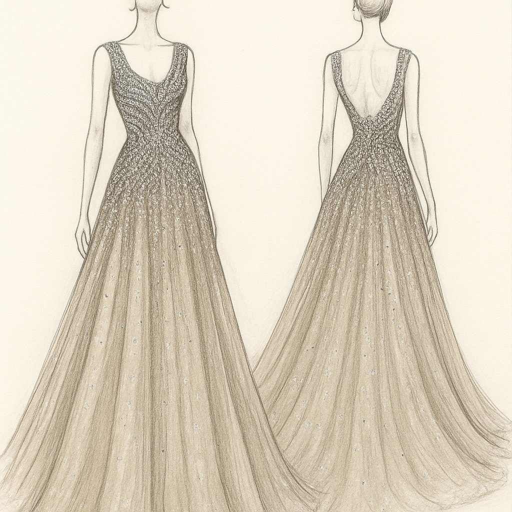 Create a detailed fashion sketch of an elegant sleeveless evening gown with a fitted, structured bodice and a deep rounded neckline.
The bodice is fully covered with dense, luxurious embellishments arranged in horizontal and curved wave patterns. Use a mix of high-shine crystals, clear rhinestones, teardrop stones, oval gems, and small round silver micro-beads. Include multiple stone sizes: micro (1–2mm), medium (4–6mm), and large teardrop crystals (8–12mm).
The embellishment should follow soft flowing curves that start from the center of the chest and move outward toward the sides, creating a liquid, water-like effect. The density of stones is highest in the center and gradually reduces toward the waist.

At the waist, the beading transitions smoothly into the skirt.
The skirt is a soft A-line design made of multiple layers of nude/skin-tone tulle. The tulle should be light, airy, and slightly voluminous.
Add scattered crystals on the skirt, concentrated heavily at the top and fading as they go downward, creating a gradient sparkle effect.

The back of the gown features a long train (tail) that extends one meter on the floor.
The entire dress uses a nude base with silver and clear crystal embellishments for a luxurious, glowing look.

The sketch should clearly show:
– exact stone placement
– curved beading lines
– difference in stone sizes
– layered tulle structure
– gradient crystals on the skirt
– a 1-meter floor train.”**

Create a detailed fashion sketch of an elegant sleeveless evening gown with a fitted, structured bodice and a deep rounded neckline.
The bodice is fully covered with dense, luxurious embellishments arranged in horizontal and curved wave patterns. Use a mix of high-shine crystals, clear rhinestones, teardrop stones, oval gems, and small round silver micro-beads. Include multiple stone sizes: micro (1–2mm), medium (4–6mm), and large teardrop crystals (8–12mm).
The embellishment should follow soft flowing curves that start from the center of the chest and move outward toward the sides, creating a liquid, water-like effect. The density of stones is highest in the center and gradually reduces toward the waist.

At the waist, the beading transitions smoothly into the skirt.
The skirt is a soft A-line design made of multiple layers of nude/skin-tone tulle. The tulle should be light, airy, and slightly voluminous.
Add scattered crystals on the skirt, concentrated heavily at the top and fading as they go downward, creating a gradient sparkle effect.

The back of the gown features a long train (tail) that extends one meter on the floor.
The entire dress uses a nude base with silver and clear crystal embellishments for a luxurious, glowing look.

The sketch should clearly show:
– exact stone placement
– curved beading lines
– difference in stone sizes
– layered tulle structure
– gradient crystals on the skirt
– a 1-meter floor train.”**, handmade style, show front and back