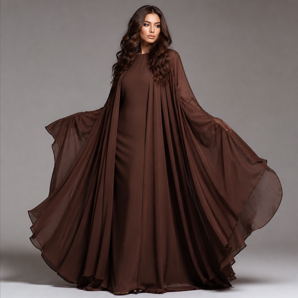 A Female Abaya design, suitable for Fall, in Gyaru style. такие пышные струящиеся складками рукава я ещё там Продали на Майка платье в виде майки и сверху висящие Ну как сверху накидка такая же штурженькая пышная и такая струящаяся красивая. Russia fashion aesthetics. Present it as professional fashion catalogue photography: the garment is the subject, shown full-length with editorial styling, neutral posing and tasteful, non-suggestive framing.
photorealistic fashion design, A Female Abaya design, suitable for Fall, in Gyaru style. такие пышные струящиеся складками рукава я ещё там Продали на Майка платье в виде майки и сверху висящие Ну как сверху накидка такая же штурженькая пышная и такая струящаяся красивая. Russia fashion aesthetics. Present it as professional fashion catalogue photography: the garment is the subject, shown full-length with editorial styling, neutral posing and tasteful, non-suggestive framing., gyaru style, just the design no text