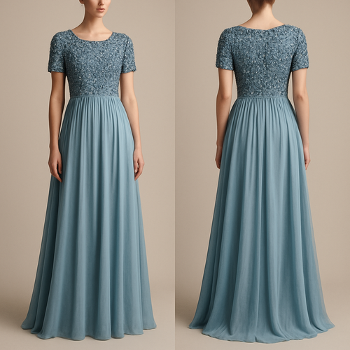 kan je een grote lange jurk maken in het licht blauw met beetje zwart en marine blauw korten mouwen met een lange rok
met steentjes heel veel boven kant strak onder kant heel los
