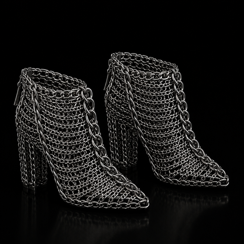 No make the entire shoe boot out of chains no leather
edit the attached fashion design with these instructions: No make the entire shoe boot out of chains no leather. keep it photorealistic, just the design no text