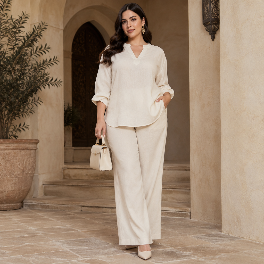 A Female Top design, made of Linen, with a soft, cosy hand, with a Relaxed silhouette, in a Monochrome color palette, for Casual, suitable for Fall, suited to a Temperate climate, in Glamorous + Elegant style, shown on a model with light skin and a curvy figure. Algeria fashion aesthetics. Present it as professional fashion catalogue photography: the garment is the subject, shown full-length with editorial styling, neutral posing and tasteful, non-suggestive framing.
photorealistic fashion design, A Female Top design, made of Linen, with a soft, cosy hand, with a Relaxed silhouette, in a Monochrome color palette, for Casual, suitable for Fall, suited to a Temperate climate, in Glamorous + Elegant style, shown on a model with light skin and a curvy figure. Algeria fashion aesthetics. Present it as professional fashion catalogue photography: the garment is the subject, shown full-length with editorial styling, neutral posing and tasteful, non-suggestive framing., glamorous style, just the design no text