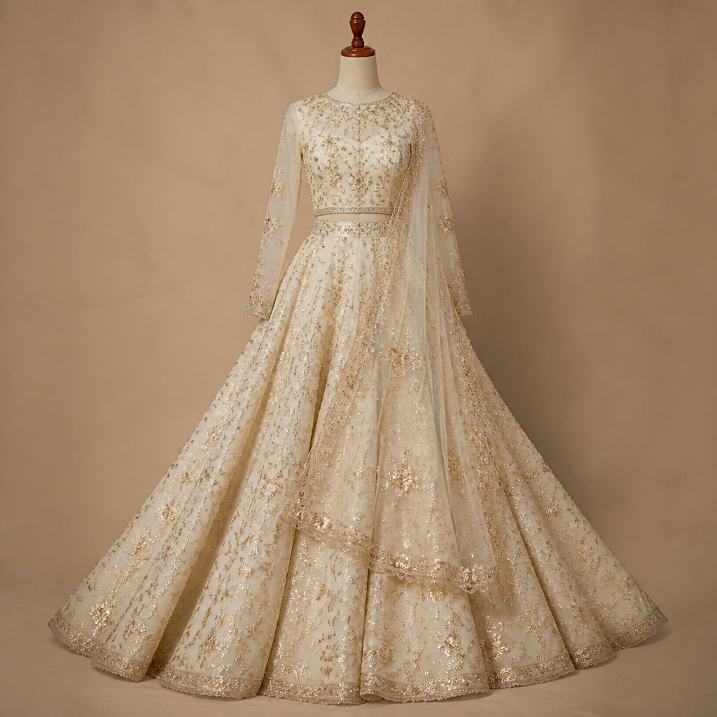 Ivory lehenga with gotta flowers all over with heavy flare. Design with modest coverage.
photorealistic fashion design, Ivory lehenga with gotta flowers all over with heavy flare. Design with modest coverage., just the design no text