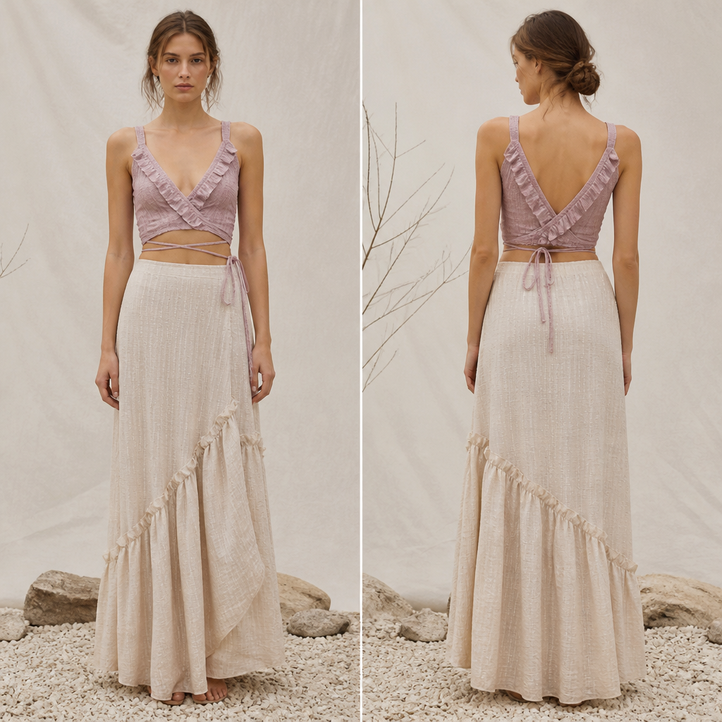 A Female Top design, made of Cotton, with a rich, textured surface, with a Fitted silhouette, with a minimal-coverage cut, in a Pastels color palette, suited to a Temperate climate, in Bohemian style, shown on a model with light skin and a slim figure. Argentina fashion aesthetics. Present it as professional fashion catalogue photography: the garment is the subject, shown full-length with editorial styling, neutral posing and tasteful, non-suggestive framing.
photorealistic fashion design, A Female Top design, made of Cotton, with a rich, textured surface, with a Fitted silhouette, with a minimal-coverage cut, in a Pastels color palette, suited to a Temperate climate, in Bohemian style, shown on a model with light skin and a slim figure. Argentina fashion aesthetics. Present it as professional fashion catalogue photography: the garment is the subject, shown full-length with editorial styling, neutral posing and tasteful, non-suggestive framing., bohemian style, just the design no text, show front and back