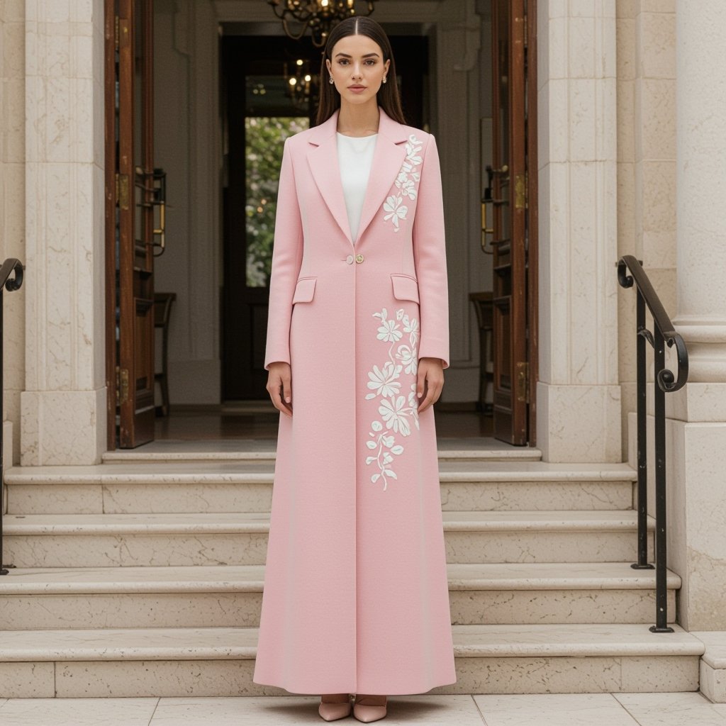 Long Abaya Blazer Design – Formal & Elegant • Outer Fabric: Worsted Wool (Super Wool) in a baby pink shade (very soft light pink). • Offers a subtle refined sheen with a straight, elegant structure that enhances the blazer style. • Inner Lining: Bemberg Rayon in light beige or pastel pink for added comfort and smoothness. • Key Details: • A-Line cut flowing gracefully from shoulder to floor. • Slim feminine blazer lapel with clean, neat finishing. • Hidden inner closure to keep the focus on the outer design and embroidery. • Back design: Kept plain and minimal, with a small slit at the center back hem, emphasizing the blazer character while allowing ease of movement. • Embroidery: • Crafted in delicate off-white raised stitching. • Placement: Starting from the right shoulder, flowing down along the side of the chest, extending seamlessly to mid-waist. • Pattern: Elegant floral and leaf motifs in raised embroidery, adding a refined feminine touch without overwhelming the formal character. • Subtle accents in very light golden threads can be added for a luminous effect under lighting. ⸻ ✨ Result: A baby pink abaya blazer with refined off-white side embroidery, plain back with a subtle slit, designed to blend formality, luxury, and feminine softness — perfect for occasions and business gatherings. Haute Couture fashion: Baby pink wool abaya blazer, A-line, with a slim lapel. Hidden front closure. Off-white raised floral embroidery from shoulder to mid-waist, with subtle gold accents. Plain back with a small hem slit.
Minimalist fashion: Baby pink wool abaya blazer, A-line cut, with a slim lapel. Hidden front closure. Off-white raised floral embroidery from shoulder to mid-waist. Plain back with a small hem slit.