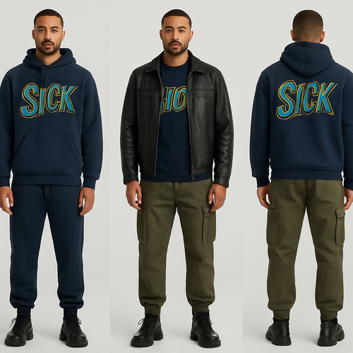 Male street wear with navy blue,gold and teal writing Sick label . Hoodie, joggers leather jacket,cargo pants 
