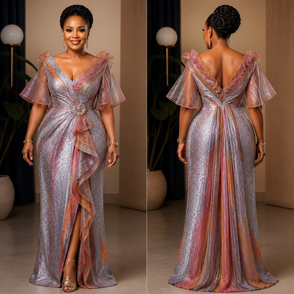 PROMPT
A photorealistic dinner dress for a 50 year old woman to attend a birthday party made from colorful beautiful silver gray aso oke with small holes on it and a touch of colorful organza fabric with beautiful trims that will look gorgeous and fabulous.
photorealistic fashion design, PROMPT
A photorealistic dinner dress for a 50 year old woman to attend a birthday party made from colorful beautiful silver gray aso oke with small holes on it and a touch of colorful organza fabric with beautiful trims that will look gorgeous and fabulous.
, boho_chic style, just the design no text, show front and back