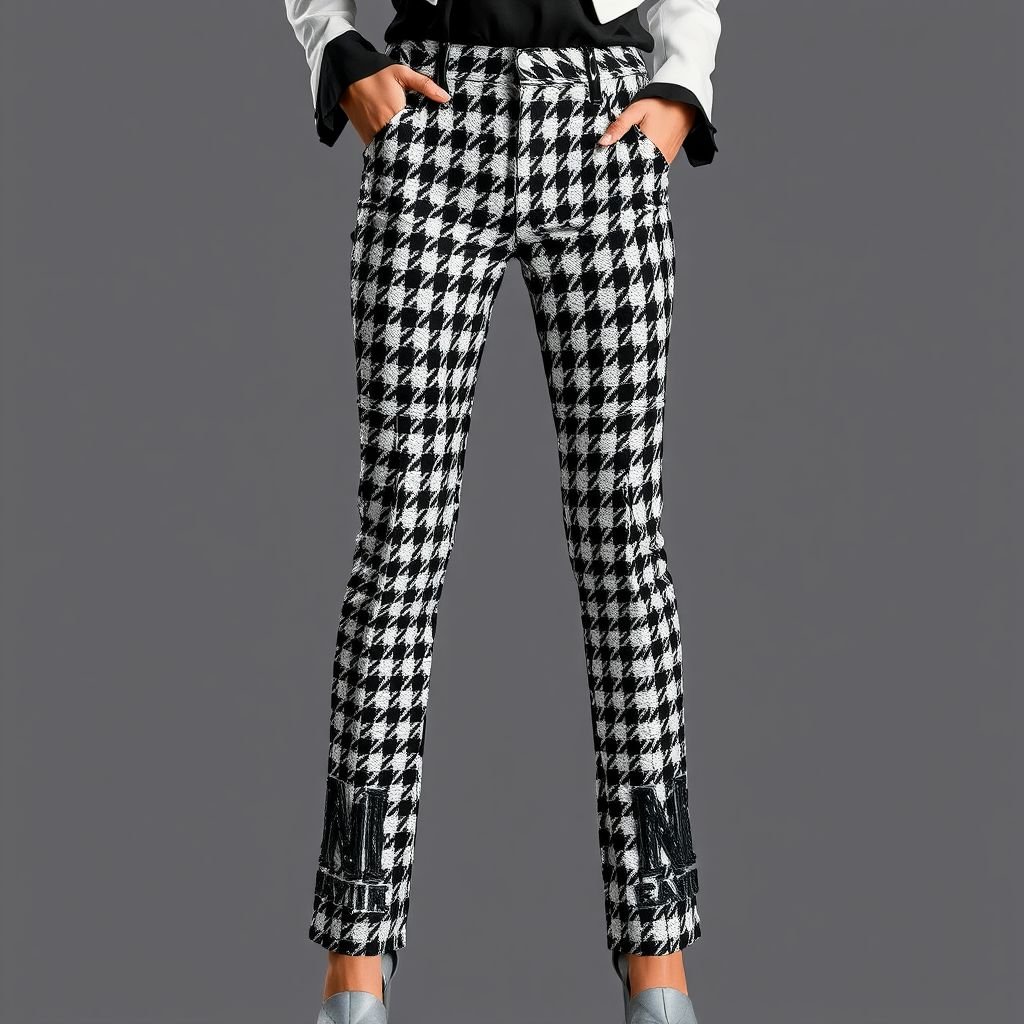 I want jeans but with colorful houndstooth sequence fabric on this and ANIN patches on the cuff
Design a pair of tailored formal jeans crafted from luxurious houndstooth sequin fabric, blending sophistication with modern flair. The structured silhouette features intricate ANIN patches on the cuffs, adding a unique touch. Elevate this look with a crisp white blazer and elegant stiletto heels for a polished, runway-ready ensemble.