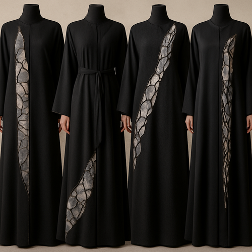 Create a modest abaya that's the first of its kind, featuring a unique stone design that exudes a classy and sophisticated vibe. I'd like four designs, each showcasing different styles and fabrics.
Incorporate high-end, unique chic stone designs to make them truly special. Add a little sophisticated stone work to it.