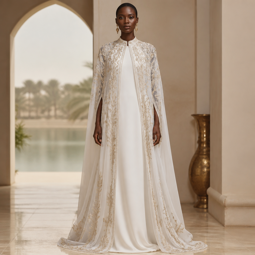A Kaftan design, made of Chiffon, with a sleek, smooth finish, with a Tailored silhouette, with modest, full coverage: longer hemlines, higher necklines and covered shoulders, in a Jewel Tones color palette, for Party, suitable for Fall, suited to a Temperate climate, shown on a model with deep skin tone and a slim figure. كاب بلون الابيض مطرز ب الجوهر بكامل ومن تحته فستان بلون الابيض ساده. Egypt fashion aesthetics. Present it as professional fashion catalogue photography: the garment is the subject, shown full-length with editorial styling, neutral posing and tasteful, non-suggestive framing.
photorealistic fashion design, A Kaftan design, made of Chiffon, with a sleek, smooth finish, with a Tailored silhouette, with modest, full coverage: longer hemlines, higher necklines and covered shoulders, in a Jewel Tones color palette, for Party, suitable for Fall, suited to a Temperate climate, shown on a model with deep skin tone and a slim figure. كاب بلون الابيض مطرز ب الجوهر بكامل ومن تحته فستان بلون الابيض ساده. Egypt fashion aesthetics. Present it as professional fashion catalogue photography: the garment is the subject, shown full-length with editorial styling, neutral posing and tasteful, non-suggestive framing., just the design no text
