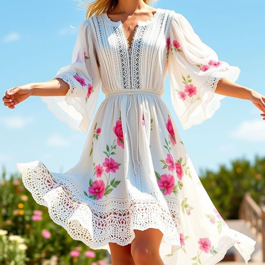 שמלת קיץ בהשראת פשוטה קלילה מאוד מבד מחורר
Design a flowing summer dress crafted from lightweight eyelet fabric, embodying effortless elegance. The dress features delicate lace trims, breathable oversized sleeves, and a cinched waist that accentuates movement. Vibrant floral patterns in soft pastels capture the essence of sunshine, perfect for outdoor gatherings or beachside strolls under a clear blue sky.