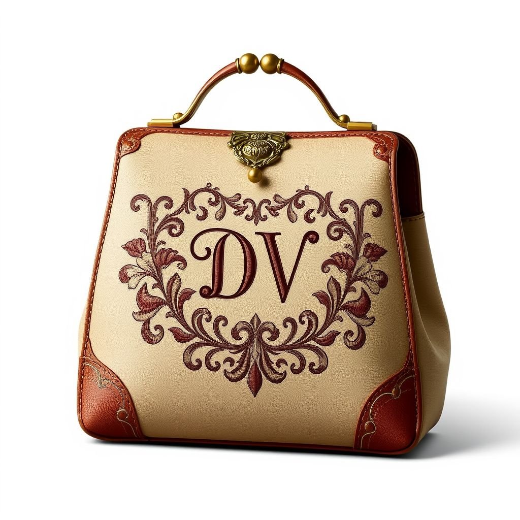 A handbag with the name “Da’Vine” on it. With DV on it
Design a vintage-inspired handbag named "Da’Vine," featuring a charming paisley print in soft muted colors. Embellish it with an ornate brass clasp and delicate stitching. The initials "DV" should be elegantly embossed on rich leather, surrounded by intricate floral motifs, evoking the timeless grace of past eras and classic sophistication.