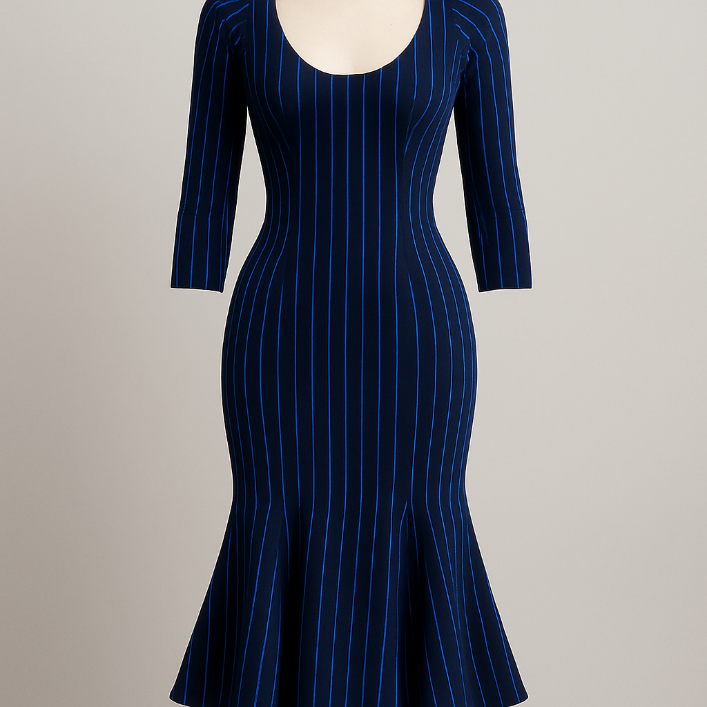 Thin electric blue Pin Stripped on navy midi dress with trumpet skirt and 3/4 sleeve. Raglan sleeve with deep scoop neck
Thin electric blue Pin Stripped on navy midi dress with trumpet skirt and 3/4 sleeve. Raglan sleeve with deep scoop neck