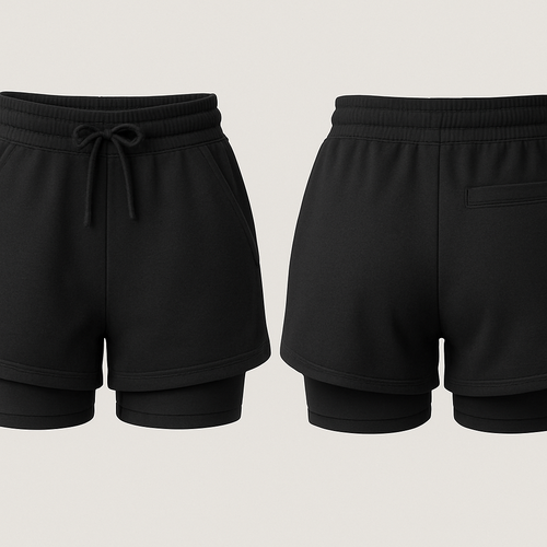 Create me shorts that fit girls with active shorts underneath and draw strings and pockets. Make it black. Show the undershorts and make them active wear fabric the undershorts shorter make them undershorts short again



