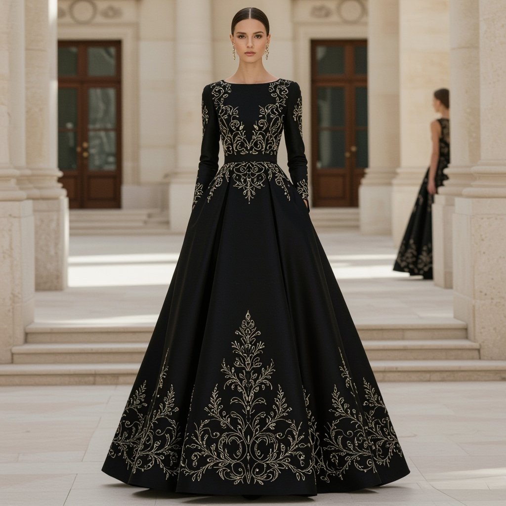 Elegant and classically unique
Formal fashion: Elegant and classically unique. Formal, full-length, black silk gown. Structured silhouette, subtle embroidery.