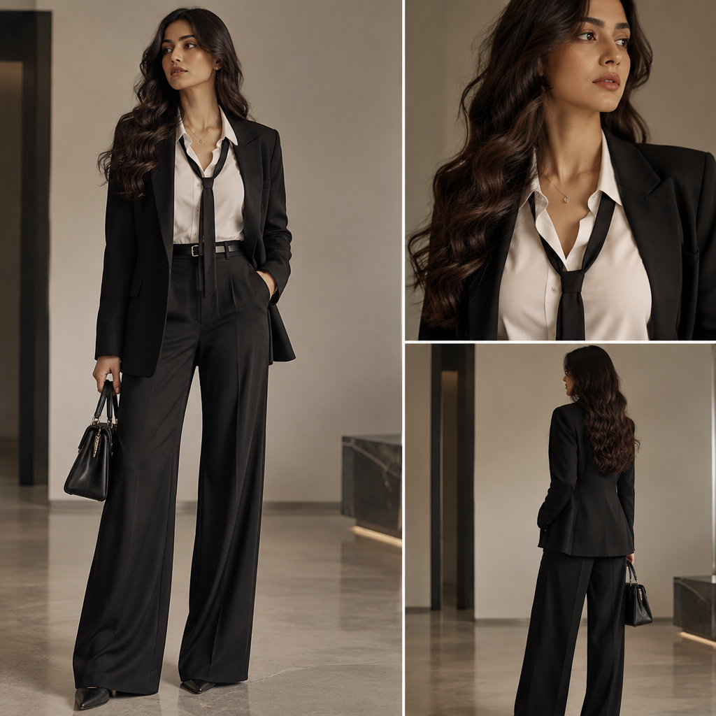 photorealistic fashion design, photorealistic fashion design, A Female Dress design, suitable for Fall, in Business style. white shirt with tie and black blazer over it to give bossy and mafia effect and for the bottom black korean trousers and which are slightly flowy. India fashion aesthetics. Present it as professional fashion catalogue photography: the garment is the subject, shown full-length with editorial styling, neutral posing and tasteful, non-suggestive framing., business style, just the design no text. Refinement: one to two buttons should be open of the shirt and fabric of shirt should be flowy too, open wavy hairs and one small pendant and body should be slightly hourglass , just the design no text. Refinement: height should be about 5'6 feet and on the waist it should not look boxy ,it should be tucked neatly and add a thin belt
photorealistic fashion design, photorealistic fashion design, photorealistic fashion design, A Female Dress design, suitable for Fall, in Business style. white shirt with tie and black blazer over it to give bossy and mafia effect and for the bottom black korean trousers and which are slightly flowy. India fashion aesthetics. Present it as professional fashion catalogue photography: the garment is the subject, shown full-length with editorial styling, neutral posing and tasteful, non-suggestive framing., business style, just the design no text. Refinement: one to two buttons should be open of the shirt and fabric of shirt should be flowy too, open wavy hairs and one small pendant and body should be slightly hourglass , just the design no text. Refinement: height should be about 5'6 feet and on the waist it should not look boxy ,it should be tucked neatly and add a thin belt , just the design no text