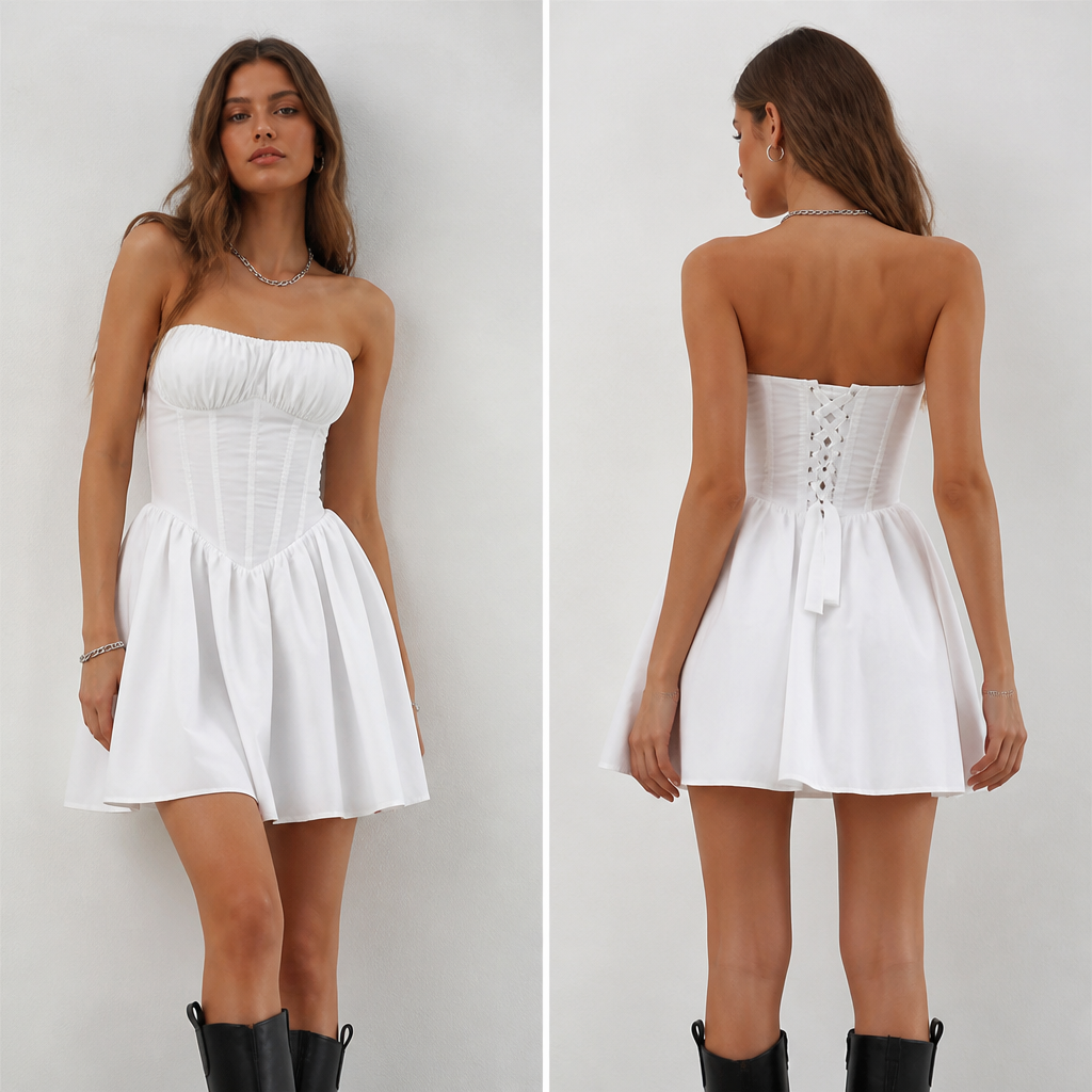 A Female Dress design, for Casual, suitable for Summer, in Streetwear + Casual + Classic style. плаття,з боліло в бюсті,више коліна з корчетом. Ukraine fashion aesthetics.
photorealistic fashion design, A Female Dress design, for Casual, suitable for Summer, in Streetwear + Casual + Classic style. плаття,з боліло в бюсті,више коліна з корчетом. Ukraine fashion aesthetics., streetwear style, just the design no text, show front and back