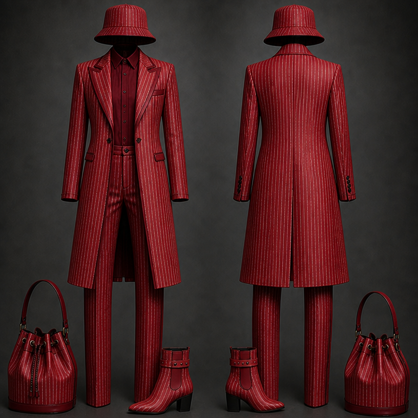 Make this in red with small white pinstriped
edit the attached fashion design with these instructions: Make this in red with small white pinstriped. keep it photorealistic, just the design no text