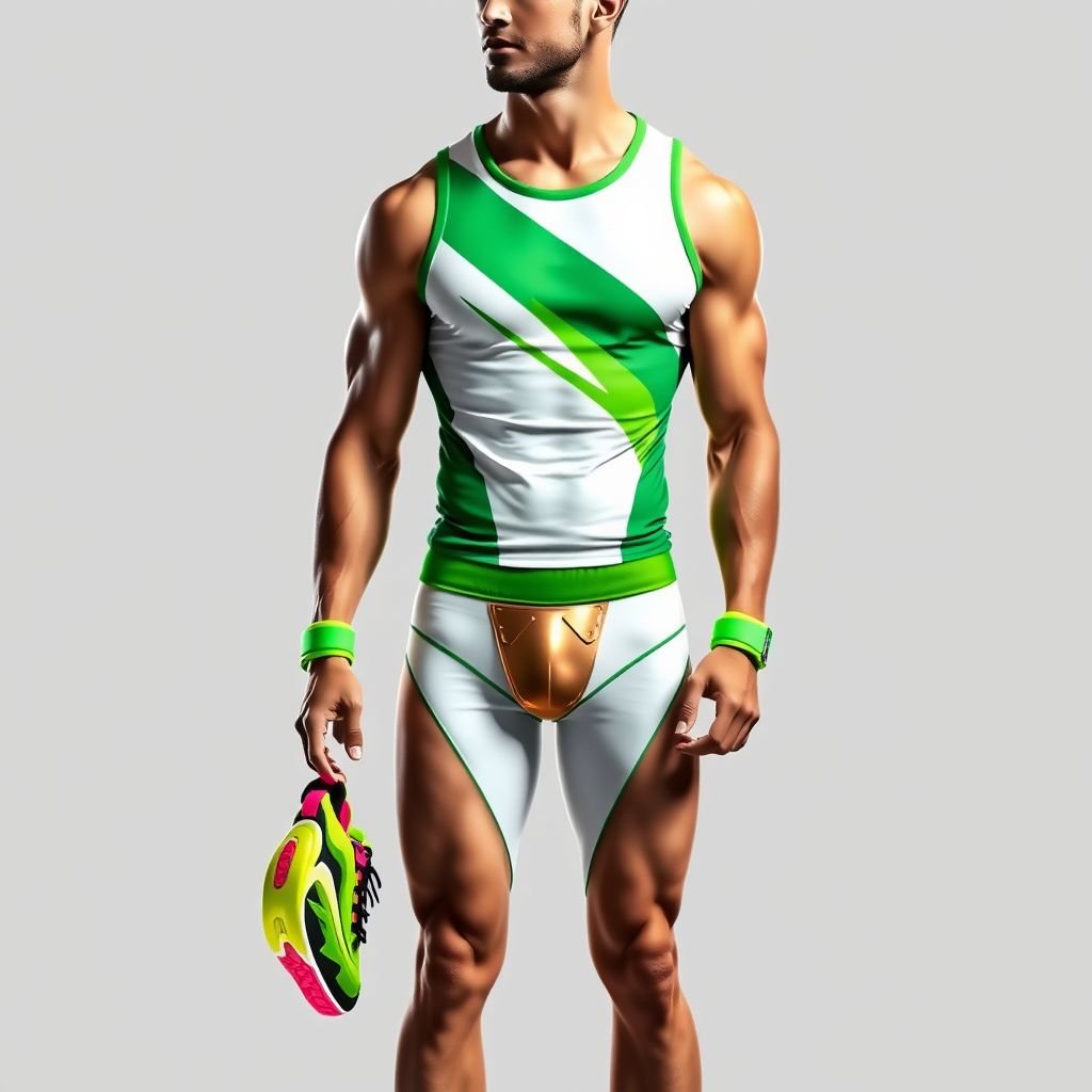 A very attractive man wearing a low waisted white and green speedo with gold on the groin
Design a sporty ensemble featuring an attractive man in a low-waisted white and green speedo, accentuated with metallic gold highlights on the groin. Pair this with a sleek, breathable tank top showcasing bold, angular lines in complementary colors. Finish with vibrant, high-tech sneakers and sporty wristbands for a dynamic, athletic look.