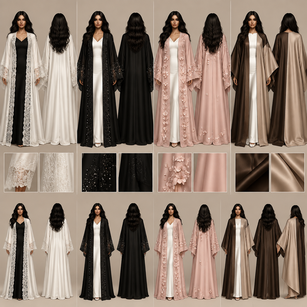 Kannst du mir Skizzen erstellen von :
Ich rede von abaya Jacken die vorne auf sind die klassischen die Frau soll ein enges Kleid an haben und kein Kopftuch auf der Skizze schwarze wellige Haare
Eine weiße schlichte abaya mit mit spitze zum Beispiel an den Ärmeln Details und vorne spitze mit einen schwarzen engen Kleid darunter
Eine schwarze abaya mit etwas breiteren Ärmeln und Glitzer Details an den Ärmeln und vorne Glitzer Details trotzdem relativ schlicht gehalten mit einem weißen engen kleid darunter
Eine baby rosane pastel Farbe mit 3D Blumen vorne und etwas breiteren Ärmeln + weißes enges Kleid darunter
Eine 2 Seitige abaya nach dem Motto 2 abayas in 1 .. die eine Seite soll ein schönes braun sein und die andere ein helles braun beige mit seidigem Stoff und etwas breiteren Ärmeln weißes enges Kleid drunter
photorealistic fashion design, Kannst du mir Skizzen erstellen von :
Ich rede von abaya Jacken die vorne auf sind die klassischen die Frau soll ein enges Kleid an haben und kein Kopftuch auf der Skizze schwarze wellige Haare
Eine weiße schlichte abaya mit mit spitze zum Beispiel an den Ärmeln Details und vorne spitze mit einen schwarzen engen Kleid darunter
Eine schwarze abaya mit etwas breiteren Ärmeln und Glitzer Details an den Ärmeln und vorne Glitzer Details trotzdem relativ schlicht gehalten mit einem weißen engen kleid darunter
Eine baby rosane pastel Farbe mit 3D Blumen vorne und etwas breiteren Ärmeln + weißes enges Kleid darunter
Eine 2 Seitige abaya nach dem Motto 2 abayas in 1 .. die eine Seite soll ein schönes braun sein und die andere ein helles braun beige mit seidigem Stoff und etwas breiteren Ärmeln weißes enges Kleid drunter
, just the design no text, show front and back