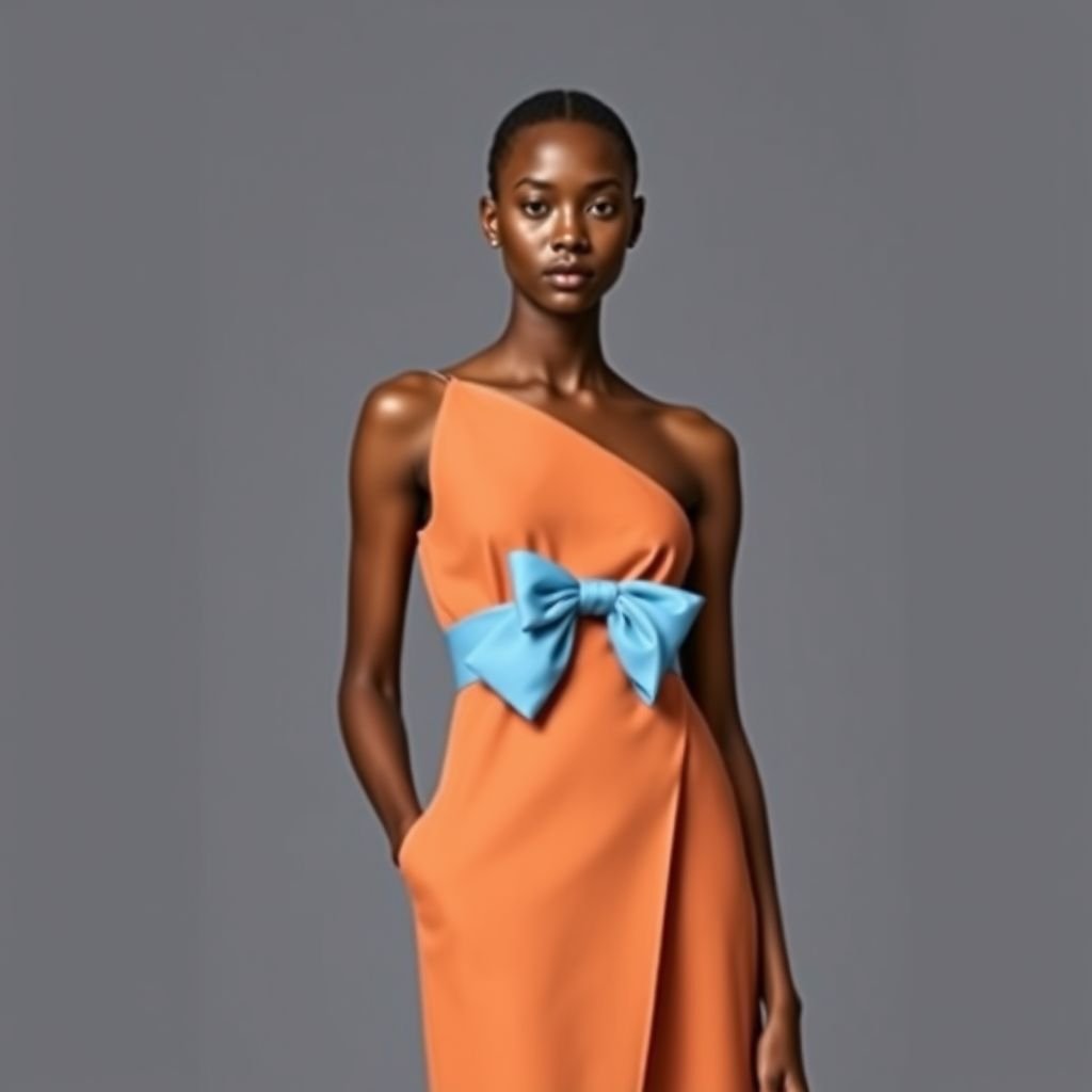 Congolese incorporated dress with a blue bow
Design a minimalist Congolese-inspired dress featuring a sleek silhouette, crafted from natural, breathable fabrics. The dress showcases a subtle, asymmetrical cut, accented by a bold sky-blue bow at the waist. Emphasize clean lines and a muted color palette, allowing the bow to be the standout element in this elegant, understated look.