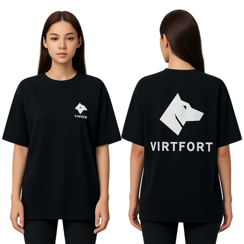Playera para hacer ejercicio estilo aversize  con el logo en la espalda solamente 
Mi logo es este Estructura general:
El logo está compuesto por dos elementos:
	1.	Símbolo principal: una silueta blanca de la cabeza de un perro (Cerbero), diseñada en estilo geométrico minimalista.
	2.	Texto inferior: la palabra “VIRTFORT” en mayúsculas separadas, tipografía Zeniq Nano, sans-serif geométrica, con espaciado amplio entre letras.

⸻

🐺 Símbolo del Cerbero
	•	Forma general: perfil lateral derecho de la cabeza de un perro fuerte y vigilante.
	•	Estilo: vectorial, con líneas rectas y diagonales, sin contornos ni rellenos adicionales.
	•	Fondo: completamente transparente (la figura está formada solo por la silueta blanca).
	•	Trazos definidos:
	•	Hocico angular: parte frontal en una diagonal descendente de ~30°, terminando en una punta recta.
	•	Mandíbula inferior: línea horizontal corta (~20° hacia arriba) unida a una curva mínima que sube al cuello.
	•	Oreja principal: triángulo equilátero agudo (ángulo superior ~45°) apuntando hacia atrás.
	•	Cuello: trazo diagonal descendente hacia la derecha (~35°), marcando fuerza.
	•	Ojo: pequeño rombo o triángulo vacío centrado en el tercio superior.
	•	No hay sombras ni rellenos; todos los trazos son compactos y uniformes.

⸻

🅰️ Texto “VIRTFORT”
	•	Fuente: Zeniq Nano (o similar geométrica sin serifas).
	•	Estilo: mayúsculas, espaciadas, alineadas horizontalmente.
	•	Espaciado: entre cada letra hay un margen de 0.2x la altura de letra.
	•	Color: blanco puro (#FFFFFF) cuando va sobre fondos oscuros.
	•	Altura de letras: aprox. ⅓ del alto del símbolo.
	•	Grosor uniforme, líneas limpias, sin sombra ni degradado.

⸻

🎨 Paleta de color (usada según fondo)
	•	Blanco principal: #FFFFFF
	•	Alternativas del manual corporativo:
	•	Azul oscuro #001232
	•	Rojo vino #570F10
	•	Gris medio #666666
	•	Rosa pálido #E8C5DB
	•	Azul claro #92BBCD

⸻

⚖️ Proporciones
	•	El símbolo del perro ocupa el 65% del alto total del logo.
	•	El texto ocupa el 35% inferior, centrado horizontalmente.
	•	El ancho del texto “VIRTFORT” coincide con el ancho total del símbolo (alineación perfecta).
	•	Espacio vertical entre el símbolo y el texto: 10% de la altura de la letra.

⸻

🧭 Estilo general
	•	Minimalista, técnico y moderno.
	•	Simboliza virtud, fuerza, vigilancia y disciplina.
	•	Se adapta a ropa deportiva premium y superficies textiles.
