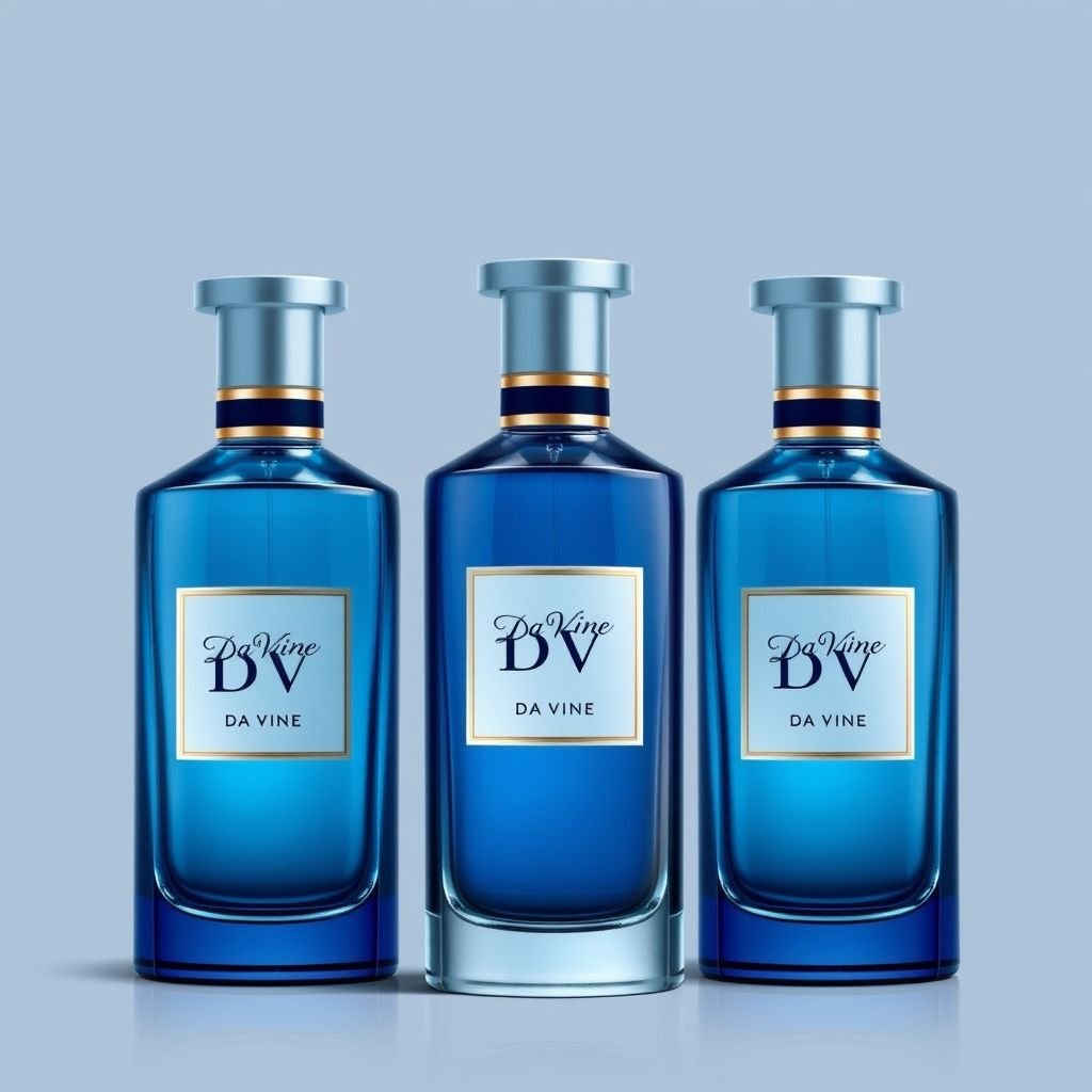 Blue eau de perfume bottle with the name “Da’Vine” on it. With DV on it. There needs to be 3. Bottles next to each other. All different .
Design an elegant business fashion ensemble inspired by three distinct blue eau de perfume bottles labeled “Da’Vine,” each featuring the initials “DV.” Incorporate tailored silhouettes, sharp lapels, and structured blazers reflecting the sleek lines of the bottles. Accessories should echo the perfume's sophistication, with subtle hints of shimmer and glass-like textures.