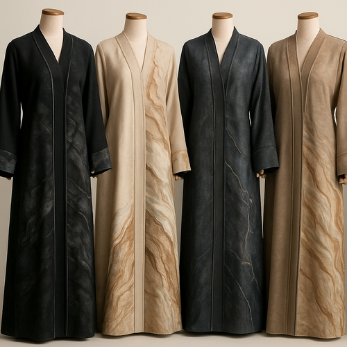 Create a modest abaya that's the first of its kind, featuring a unique stone design that exudes a classy and sophisticated vibe. I'd like four designs, each showcasing different styles and fabrics.
Incorporate high-end, unique chic stone designs to make them truly special.