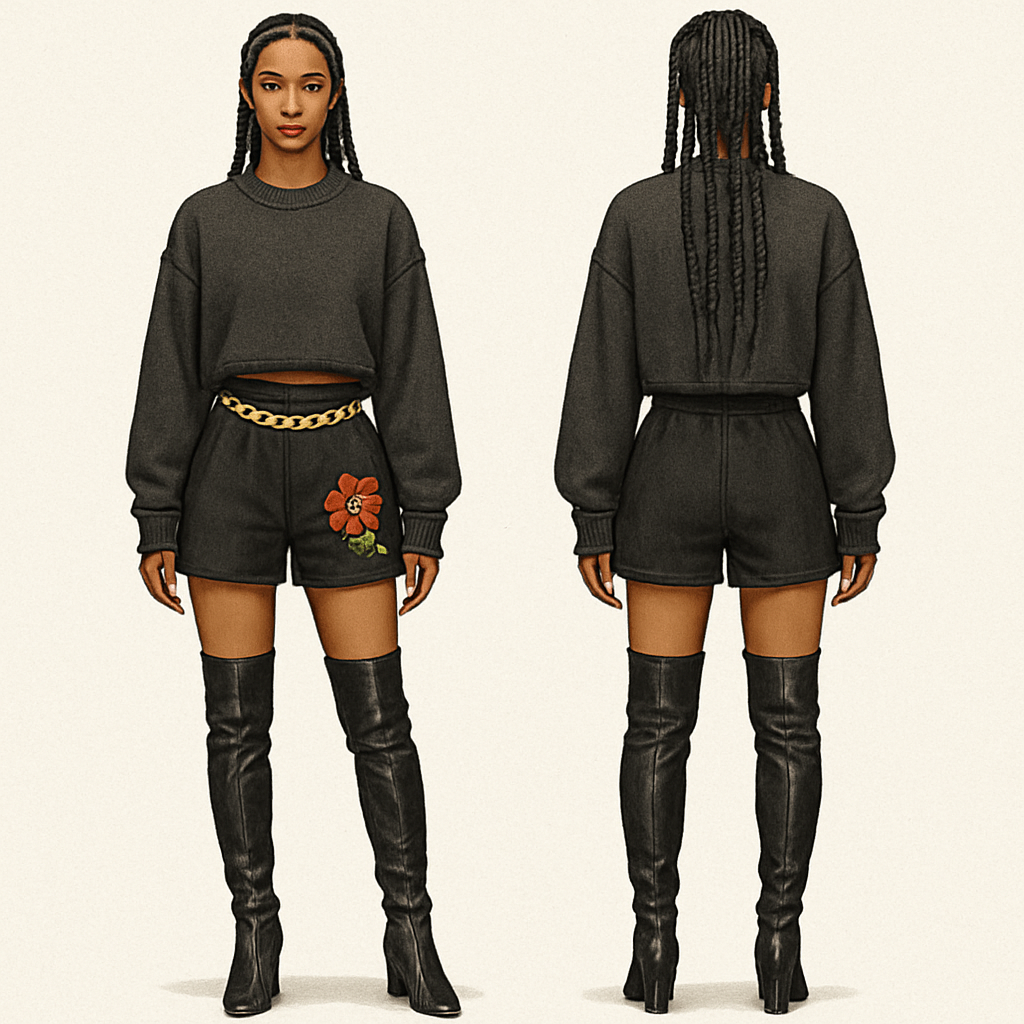 Sweater shirt black shorts gold chain on shorts flower on the shorts braids thigh high boots
Sweater shirt black shorts gold chain on shorts flower on the shorts braids thigh high boots , streetwear style, show front and back