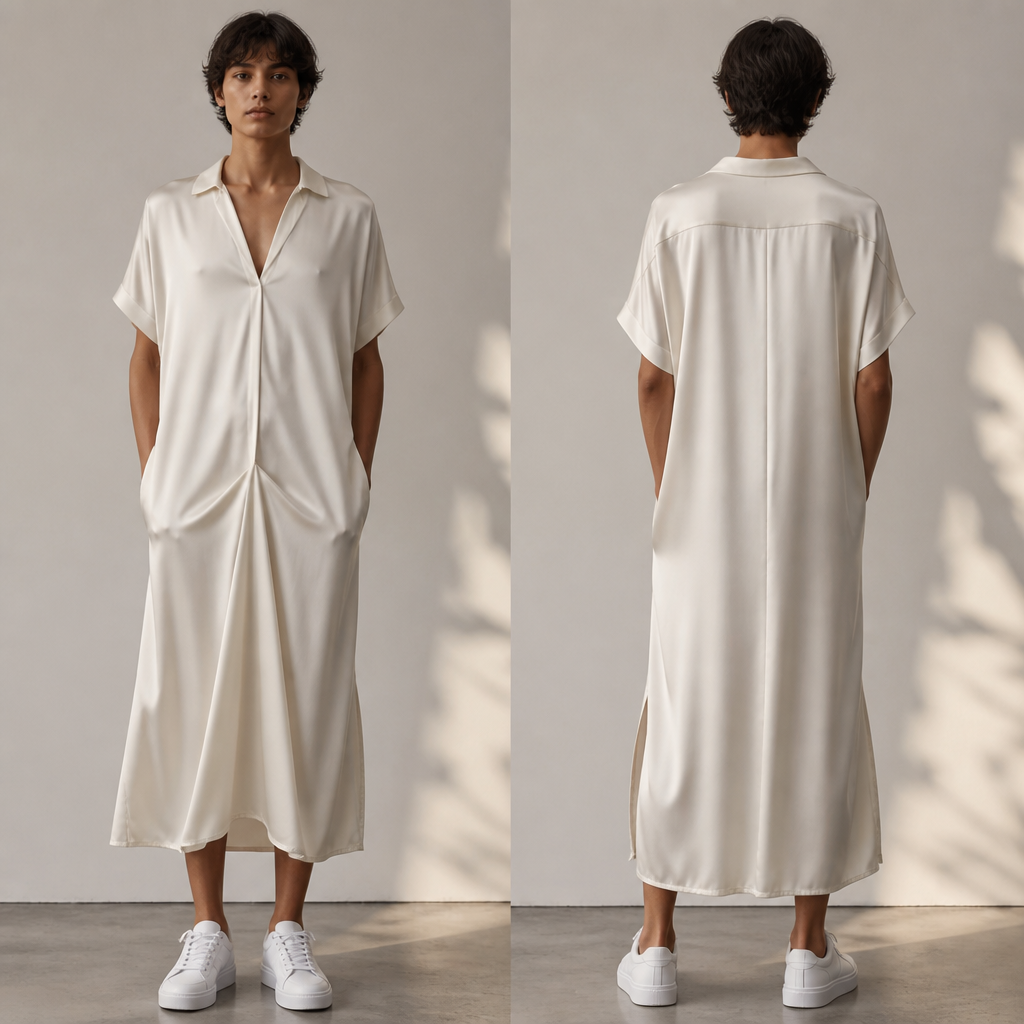 A Unisex Dress design, made of Silk. Consider American fashion — diverse and trend-driven, casual-cool, athleisure influence, regional variety from NYC sophistication to LA relaxed. Current season is Summer in United States.
photorealistic fashion design, A Unisex Dress design, made of Silk. Consider American fashion — diverse and trend-driven, casual-cool, athleisure influence, regional variety from NYC sophistication to LA relaxed. Current season is Summer in United States., just the design no text, show front and back