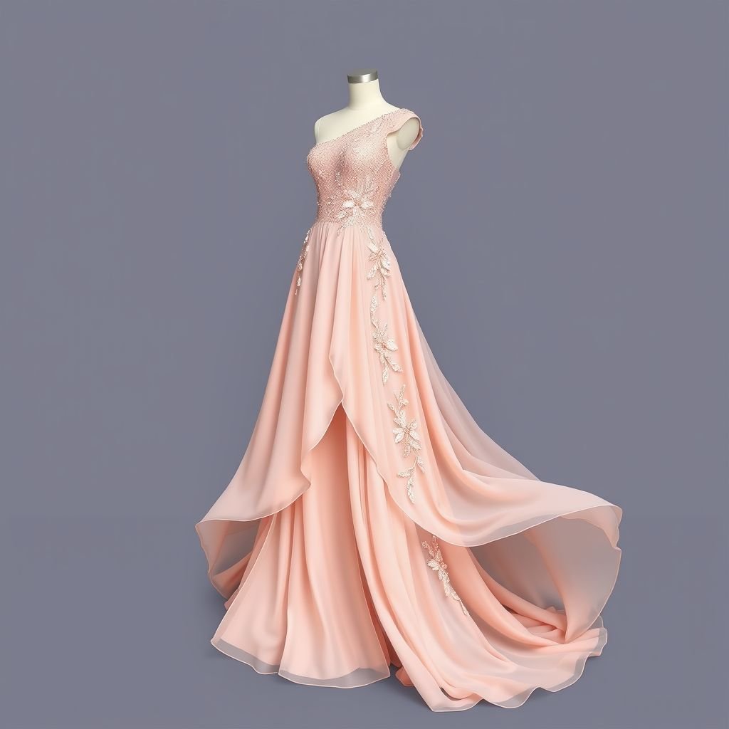 Dress
Create an exquisite evening gown that embodies timeless elegance. The design features a flowing silhouette crafted from luxurious silk, adorned with delicate lace appliqués and intricate beading. Soft pastel hues harmonize with a figure-flattering asymmetrical neckline, while cascading layers of chiffon create ethereal movement, perfect for a sophisticated gala event.