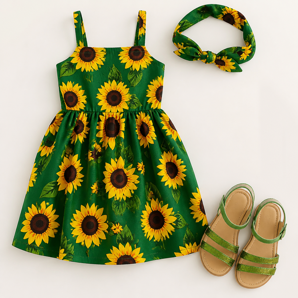 a beautiful cute adorable little girl wearing a green sundress with sunflowers all over it and green sparkly flat sandals with a green headband with sunflowers all over it
photorealistic fashion design, a beautiful cute adorable little girl wearing a green sundress with sunflowers all over it and green sparkly flat sandals with a green headband with sunflowers all over it, just the design no text