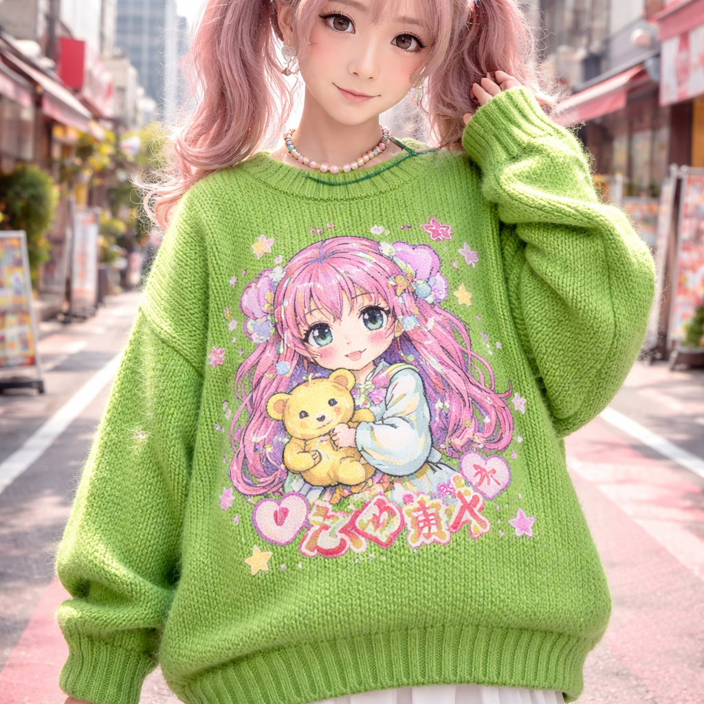cute chunky oversized bright green sweater
Japanese Street fashion design: Cute, chunky, oversized bright green knit sweater; relaxed fit, dropped shoulders, playful anime graphic.