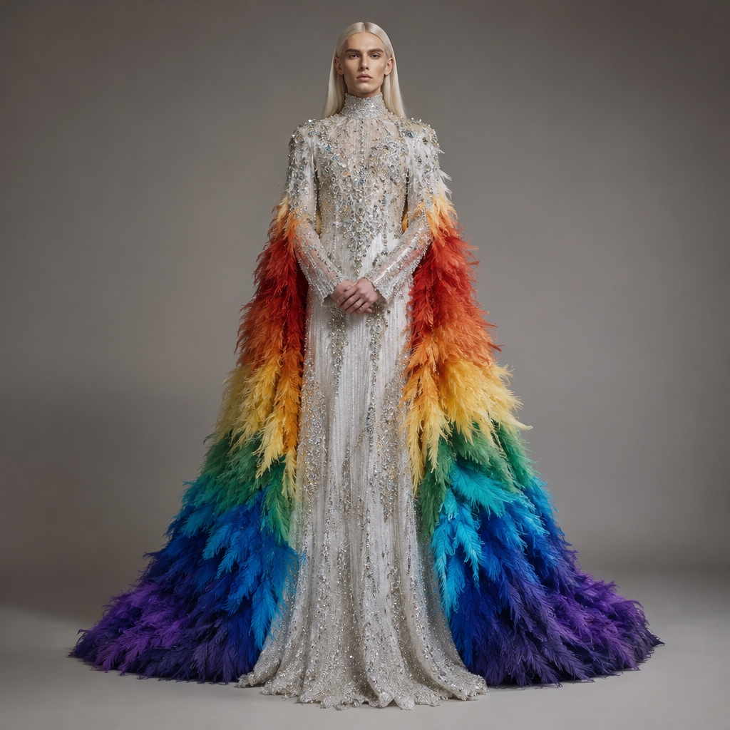A Unisex Dress design, with modest, full coverage: longer hemlines, higher necklines and covered shoulders, suitable for Fall. a White Diamond badazzled bodice With a Threema Meter long rainbow feather Train. Sweden fashion aesthetics. Present it as professional fashion catalogue photography: the garment is the subject, shown full-length with editorial styling, neutral posing and tasteful, non-suggestive framing.
photorealistic fashion design, A Unisex Dress design, with modest, full coverage: longer hemlines, higher necklines and covered shoulders, suitable for Fall. a White Diamond badazzled bodice With a Threema Meter long rainbow feather Train. Sweden fashion aesthetics. Present it as professional fashion catalogue photography: the garment is the subject, shown full-length with editorial styling, neutral posing and tasteful, non-suggestive framing., just the design no text