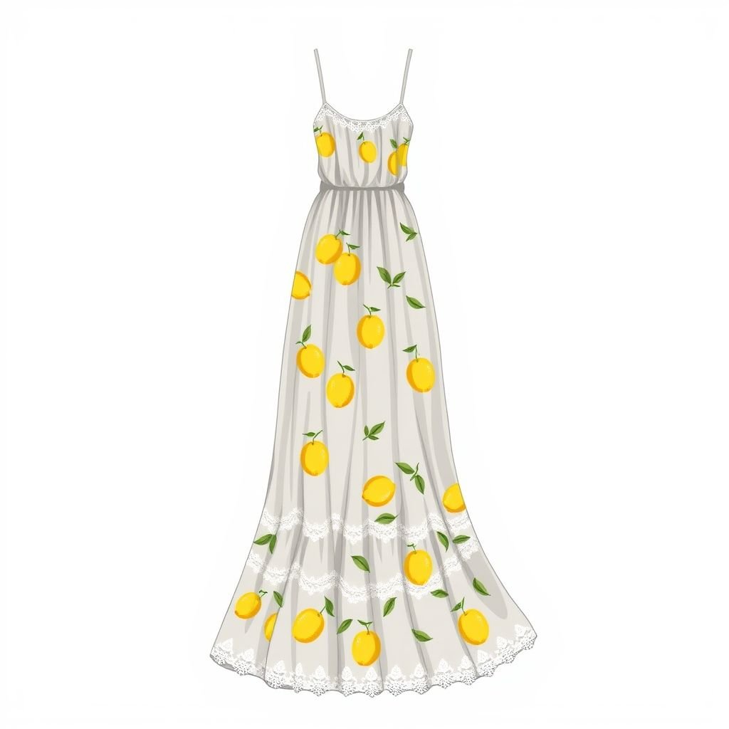 Create a fashion illustration of a floor-length, spaghetti-strap maxi dress with a fitted bodice and a breezy, lightly gathered skirt. The base color is a soft pastel grey #D9DDDC, adorned with a scattered lemon motif in bright yellow #F7EC61 and leafy green #A4C999. The dress features a white crocheted trim #FFFFFF at the bust and hem, adding a whimsical, bohemian summer vibe. Show subtle shading on the folds for a realistic effect, and maintain a light, airy aesthetic overall.
Illustrate a dreamy, floor-length spaghetti-strap maxi dress with a fitted bodice and a flowing, gathered skirt. The ethereal pastel grey base, #D9DDDC, is playfully adorned with cheerful lemon motifs in bright yellow #F7EC61 and fresh leafy greens #A4C999. Delicate white crocheted trims #FFFFFF enhance the whimsical bohemian allure, accentuating the dress's ethereal silhouette. Incorporate gentle shading within the folds to evoke movement and lightness, emphasizing the breezy summer vibe. This design embodies effortless elegance, perfect for sunlit garden parties or spontaneous seaside escapes, radiating a joyful fusion of nature-inspired whimsy and refined femininity.
