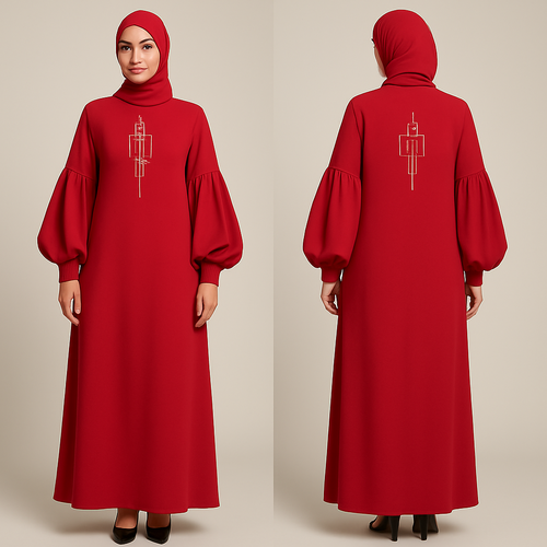 modern, abaya dress in a bold color. Features statement sleeves and minimalist, geometric embroidery. Stylish, modest, and perfect for everyday wear. And that is not out there yet. Making the designs high end that will stand out for my clothing brand “The Modest Fleur”