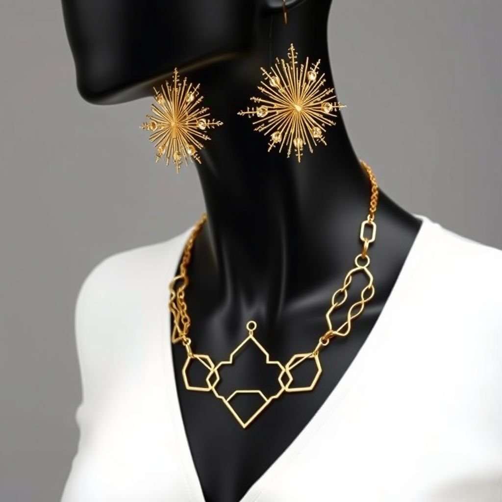Create a image of a black neck to chest mannequin that has a non blemish gold pin earrings and a neck chain around it
Design a striking black neck-to-chest mannequin adorned with radiant gold pin earrings that shimmer like stars. A delicately crafted statement neck chain, intertwining geometric shapes and flowing lines, drapes elegantly around its form. The juxtaposition of matte and metallic creates a stunning visual contrast, embodying modern elegance with a touch of bold flair.