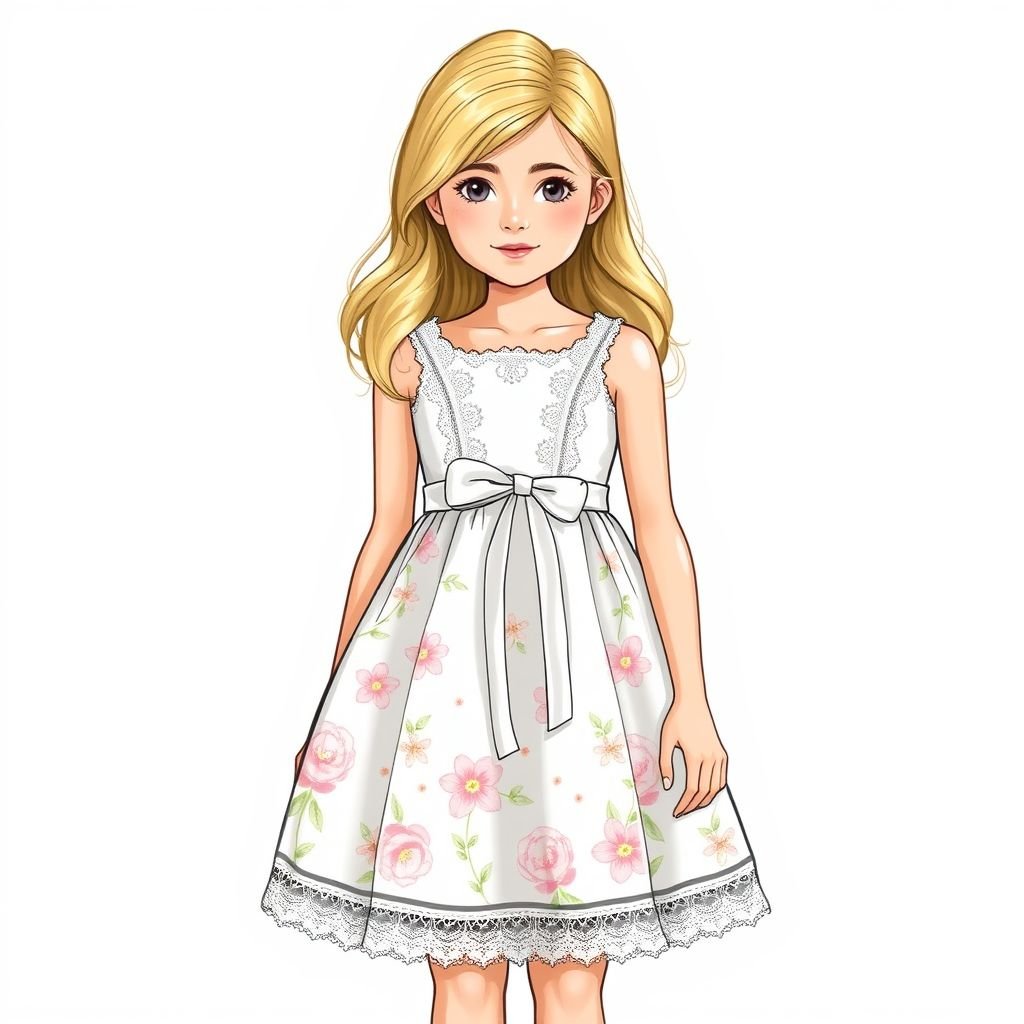 Cute teen girl bridesmaids dress for dirty, blonde haired girl with blue eyes style no over the shoulder
Design a whimsical, knee-length sundress for a cute teen bridesmaid, featuring delicate lace trim and pastel floral prints. The fitted bodice, complemented by a sweetheart neckline, showcases the girl's blonde hair. A flared skirt adds playful movement, while a coordinating ribbon cinches at the waist, accentuating her youthful charm.