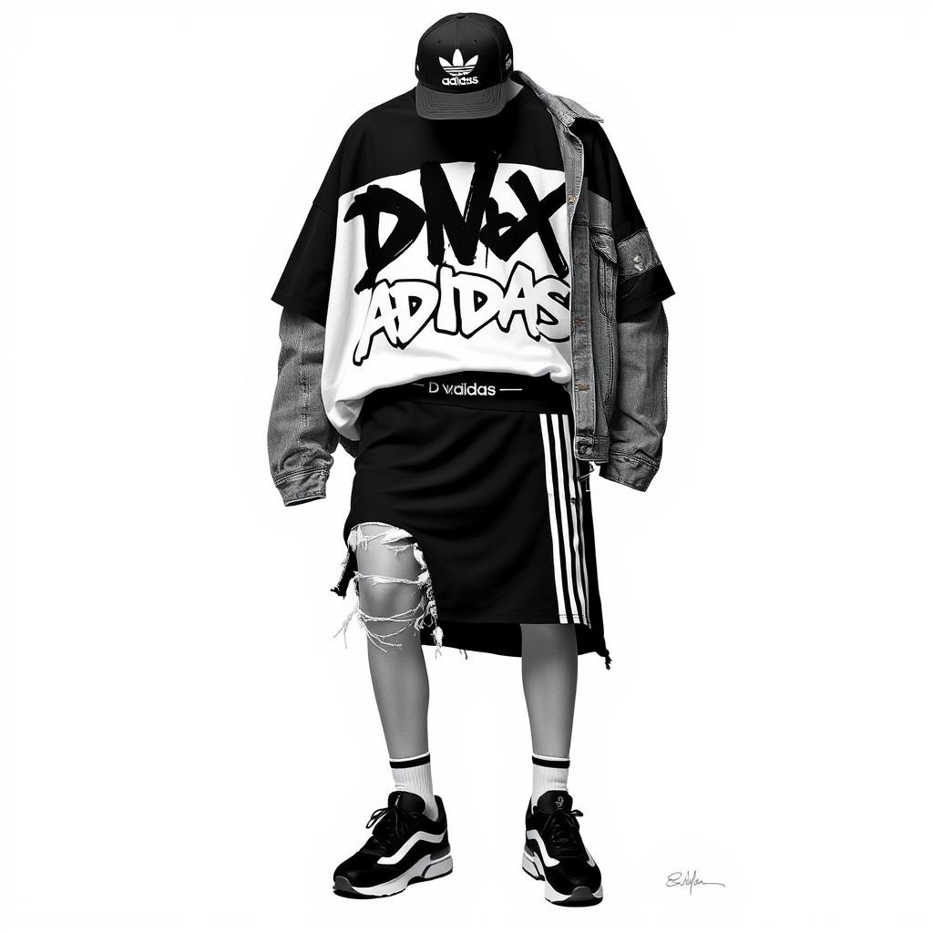 A black and white two toned cotton shirt and skirt, that says “DV X Adidas” on it, with 3stripes
Design an edgy streetwear ensemble featuring a black and white two-toned cotton oversized shirt, emblazoned with "DV X Adidas" in bold graffiti-style font. The matching high-waisted skirt showcases iconic three-stripe detailing, layered beneath a distressed denim jacket. Style with chunky sneakers and a snapback for the ultimate urban vibe.