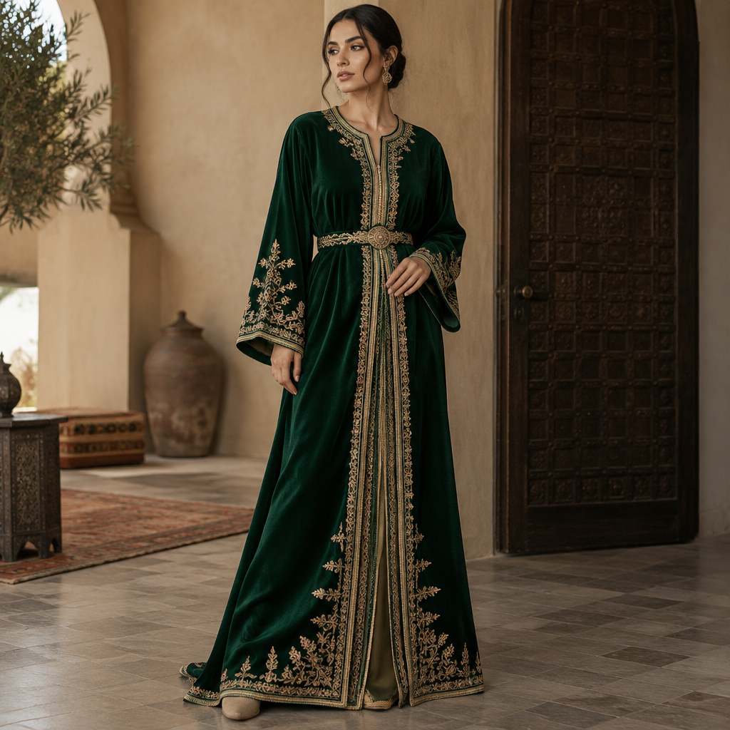 A Female Dress design, suitable for Fall. Consider Moroccan fashion — caftan, djellaba, intricate embroidery, jewel-toned fabrics. Current season is Autumn in Morocco. Present it as professional fashion catalogue photography: the garment is the subject, shown full-length with editorial styling, neutral posing and tasteful, non-suggestive framing.
photorealistic fashion design, A Female Dress design, suitable for Fall. Consider Moroccan fashion — caftan, djellaba, intricate embroidery, jewel-toned fabrics. Current season is Autumn in Morocco. Present it as professional fashion catalogue photography: the garment is the subject, shown full-length with editorial styling, neutral posing and tasteful, non-suggestive framing., just the design no text