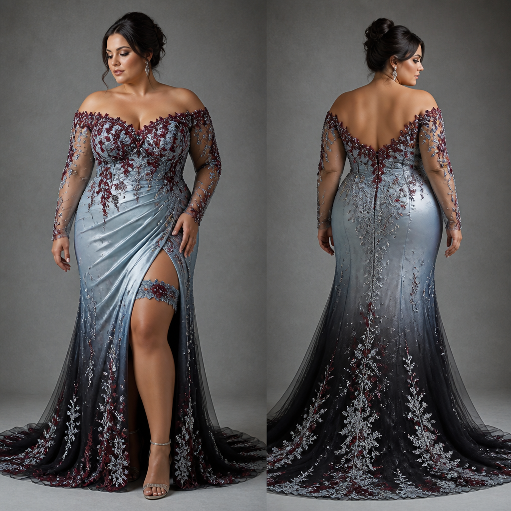 photorealistic fashion design, A Dress design, made of Silk, for Wedding, suitable for Spring, in Luxury + Haute Couture + Lace style. ice blue and black ombre with wine red and white bling and stitching elegant unique wedding dress off the shoulder long sleeve, high slit left side. straight mermaid style. a wine red and ice blue garter left thigh showing through slit. open low back. Design with modest coverage., luxury style, just the design no text, show front and back. Refinement: can we make it a plus size
photorealistic fashion design, photorealistic fashion design, A Dress design, made of Silk, for Wedding, suitable for Spring, in Luxury + Haute Couture + Lace style. ice blue and black ombre with wine red and white bling and stitching elegant unique wedding dress off the shoulder long sleeve, high slit left side. straight mermaid style. a wine red and ice blue garter left thigh showing through slit. open low back. Design with modest coverage., luxury style, just the design no text, show front and back. Refinement: can we make it a plus size, just the design no text