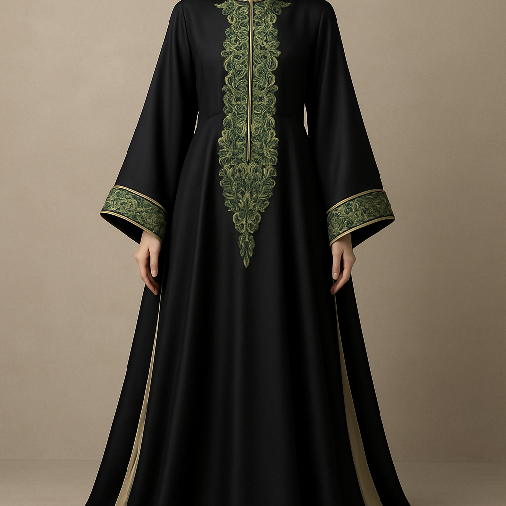 Embellishments: The "Saudi" phrase and other text are embroidered in exquisite green thread (zari) on the cuffs and collar.

Pattern: The central pattern is embroidered with intricate, shimmering green thread, reflecting the skill of traditional artisans.

Details: Long, wide sleeves with cuffs adorned with the phrase, and a modest neckline. The design combines modern elegance with modesty, using sophisticated fabrics and beige accents.



Haute Couture fashion design: **Enhanced Fashion Design Prompt:**

**Silhouette:** Full-length, modest, with long, wide sleeves.
**Fabric:** Silk.
**Color:** Black with beige accents.
**Pattern:** Intricate central green zari embroidery.
**Fit:** Graceful and flowing.
**Haute Couture Characteristics:** Exquisite green zari embroidery on cuffs and collar featuring "Saudi" text. Modern elegance meets modesty with sophisticated fabrics.