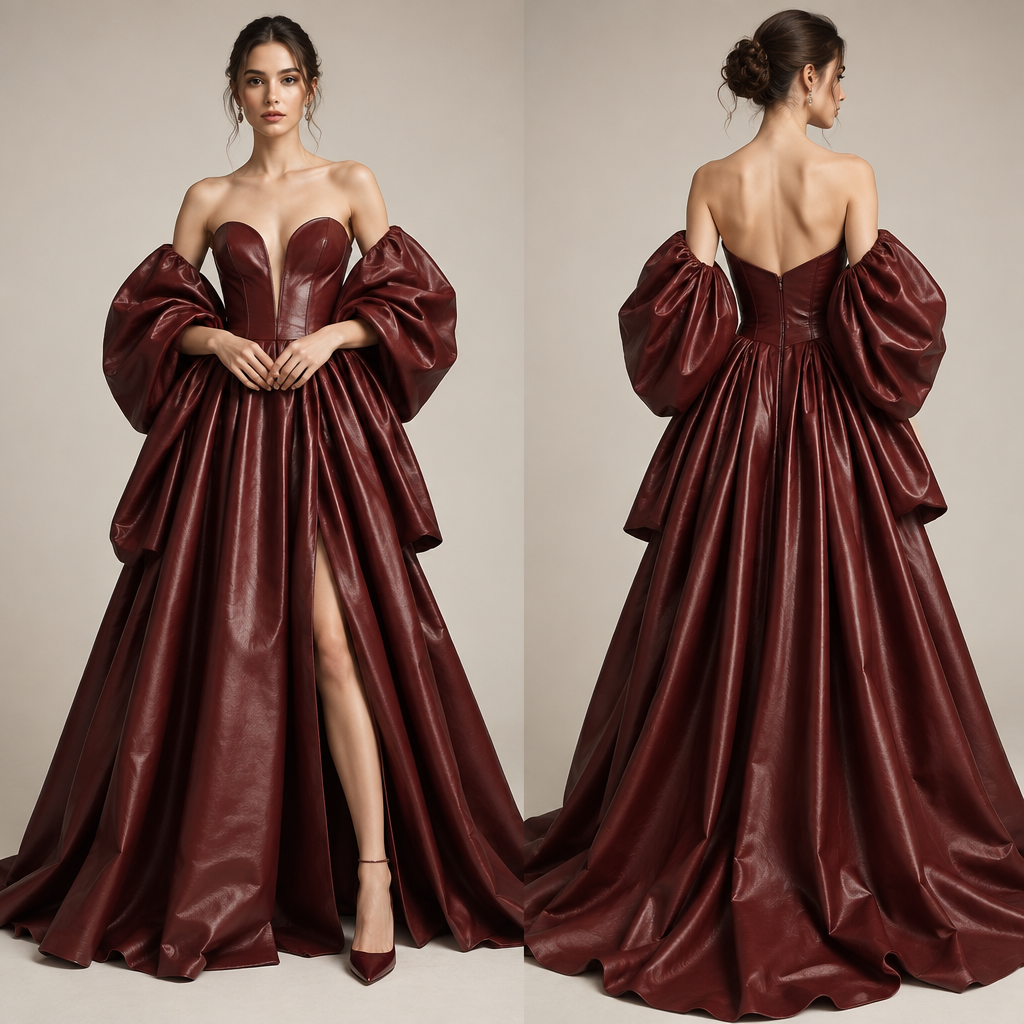 A Dress design, made of Leather, with a rich, textured surface, with an Oversized silhouette, in a Jewel Tones color palette, for Wedding, suitable for Winter, suited to a Tropical climate, in Elegant style, shown on a model with light skin and a slim figure. TM fashion aesthetics. Present it as professional fashion catalogue photography: the garment is the subject, shown full-length with editorial styling, neutral posing and tasteful, non-suggestive framing.
photorealistic fashion design, A Dress design, made of Leather, with a rich, textured surface, with an Oversized silhouette, in a Jewel Tones color palette, for Wedding, suitable for Winter, suited to a Tropical climate, in Elegant style, shown on a model with light skin and a slim figure. TM fashion aesthetics. Present it as professional fashion catalogue photography: the garment is the subject, shown full-length with editorial styling, neutral posing and tasteful, non-suggestive framing., elegant style, just the design no text, show front and back