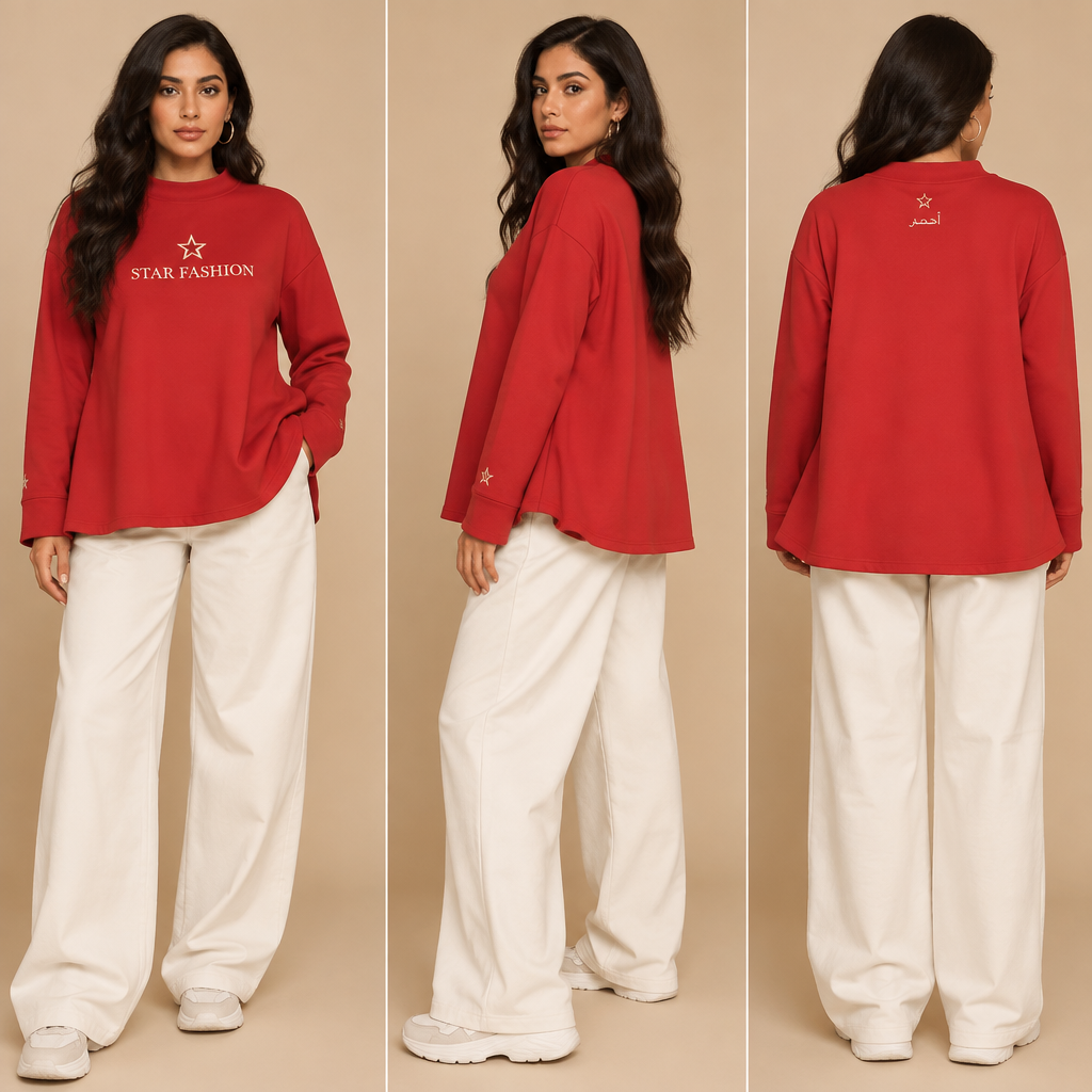 A Top design, made of Cotton, with a soft, cosy hand, with an A-Line silhouette, in a Bold & Bright color palette, suitable for Winter, suited to a Humid climate, in Elegant + Y2K + Classic style, shown on a model with medium skin tone. مكتوب عليه استار فشون بي الإنجليزى وموجود صغير باسم أحمد في الضهر او زى ما تنصحه انت. Egypt fashion aesthetics. Present it as professional fashion catalogue photography: the garment is the subject, shown full-length with editorial styling, neutral posing and tasteful, non-suggestive framing.
photorealistic fashion design, A Top design, made of Cotton, with a soft, cosy hand, with an A-Line silhouette, in a Bold & Bright color palette, suitable for Winter, suited to a Humid climate, in Elegant + Y2K + Classic style, shown on a model with medium skin tone. مكتوب عليه استار فشون بي الإنجليزى وموجود صغير باسم أحمد في الضهر او زى ما تنصحه انت. Egypt fashion aesthetics. Present it as professional fashion catalogue photography: the garment is the subject, shown full-length with editorial styling, neutral posing and tasteful, non-suggestive framing., elegant style, just the design no text